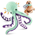 Green and purple octopus dog chew toy with sound emission, held by golden retriever