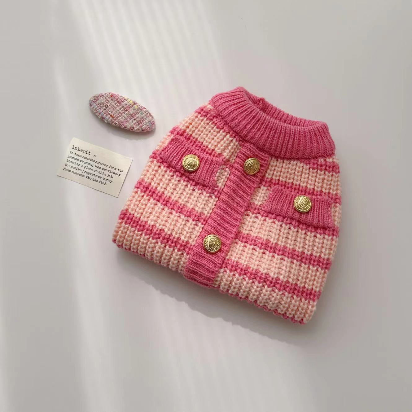 Pink Striped Dog Sweater with Gold Buttons