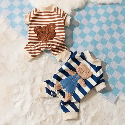 Tutina a Righe con Orsetto per Cani e Gatti - Blu/Marrone by Dog Moda