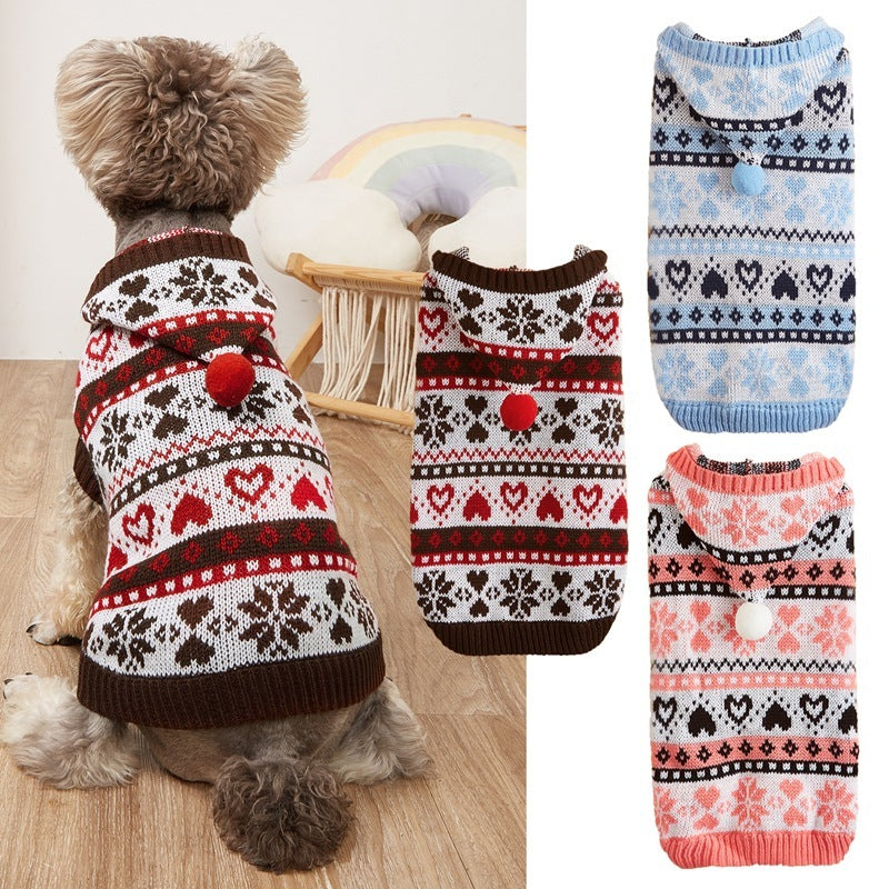 Dog Sweater with Hood and Pom Pom | Heart Pattern 