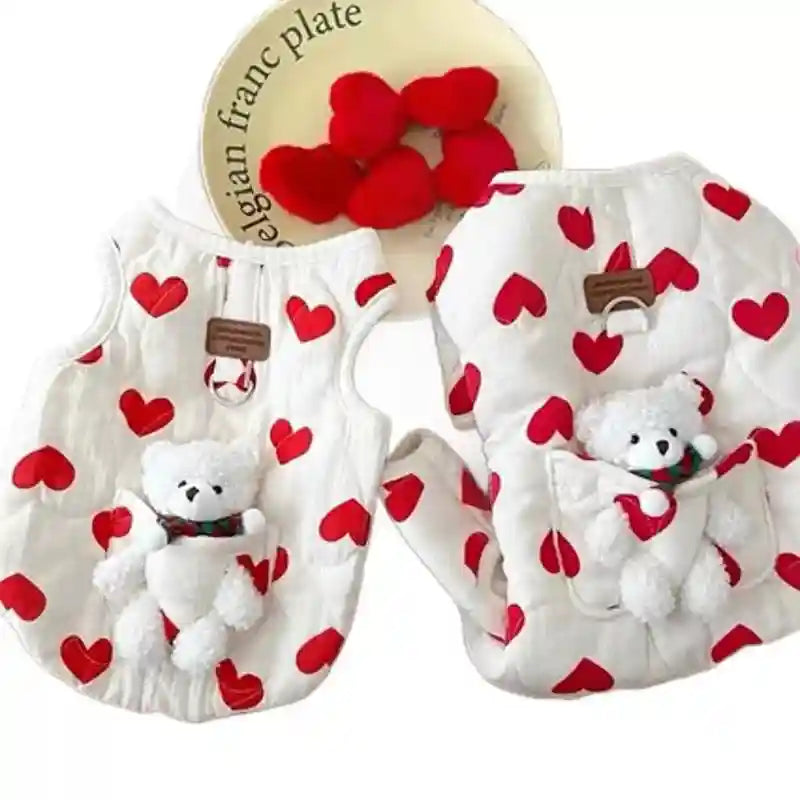 Abrigo para perros sin mangas con corazones rojos - Chaleco blanco