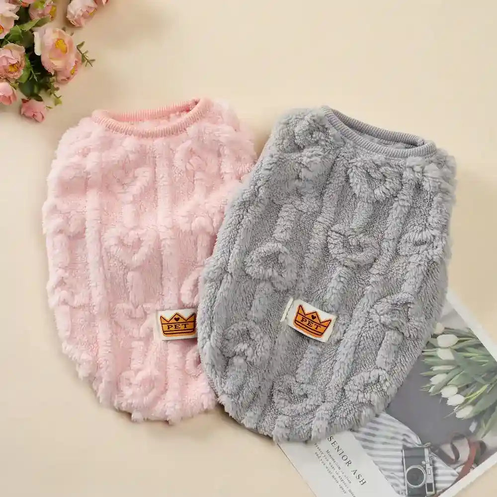 Soft pink and gray fluffy pet sweaters with heart patterns and crown PET labels