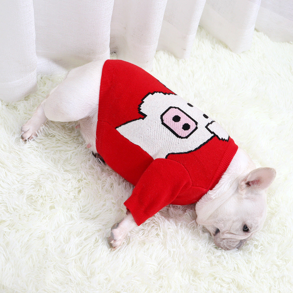 Maglioncino Rosso con Stampa Maialino per Bulldog Francese
