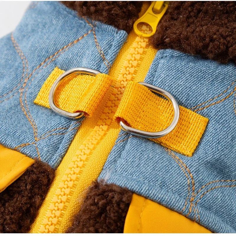 Jeansmantel für Hunde – Ärmellos, blau, mit Reißverschluss hinten