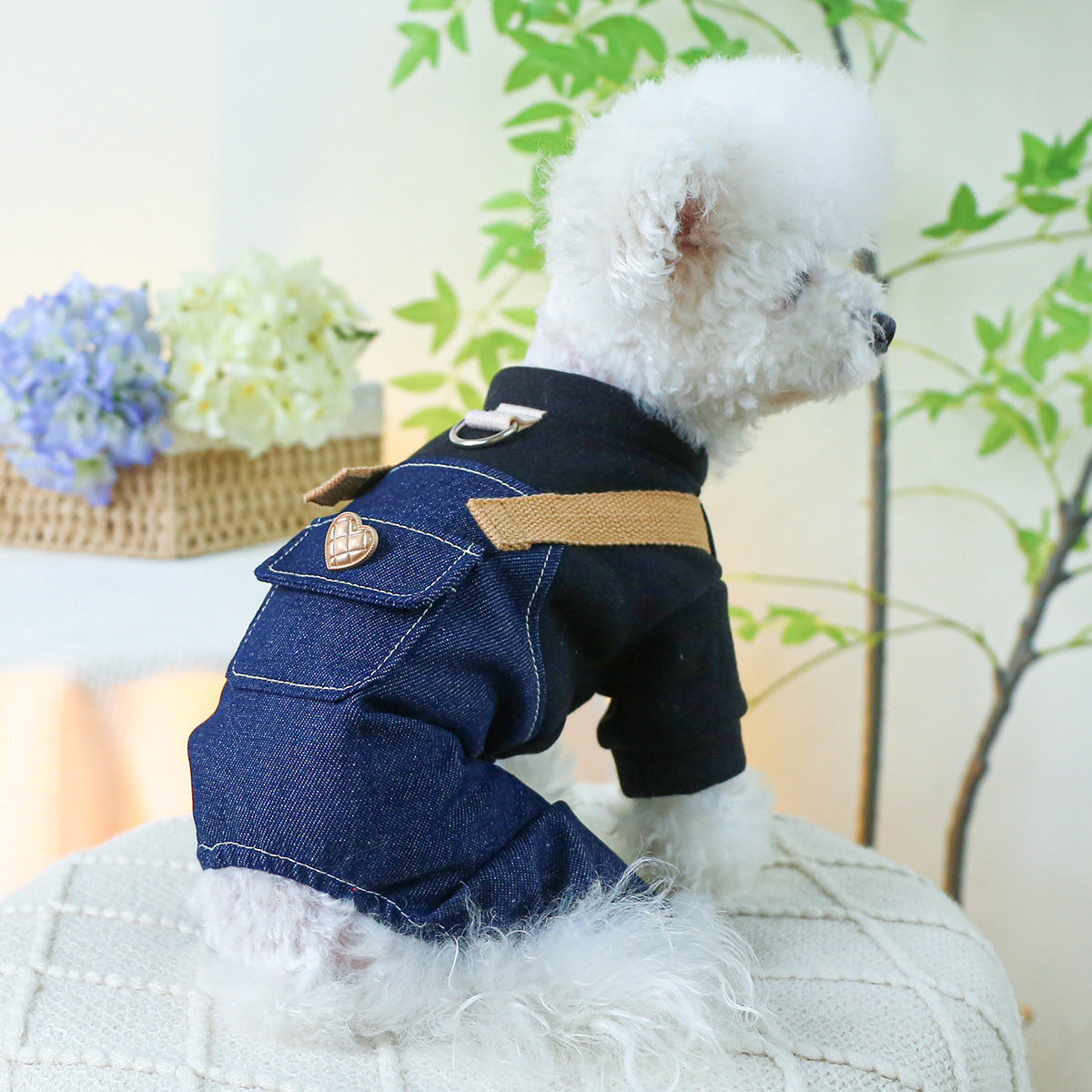 "Bella" Denim Jeans Dog Jumpsuit with Harness Ring