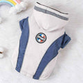 Gray and blue hooded dog jacket with sport logo on white fur background