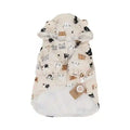 Beige dog raincoat with hood and cute cat face pattern, elastic cuffs, and front zipper