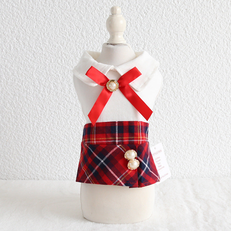 "Perla" dog dress with bow and tartan skirt | DogModa