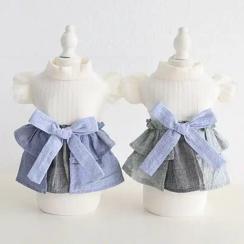 Cotton Linen Denim Blue Flounced Sleeve Skirt Pet Clothes by Dog Moda