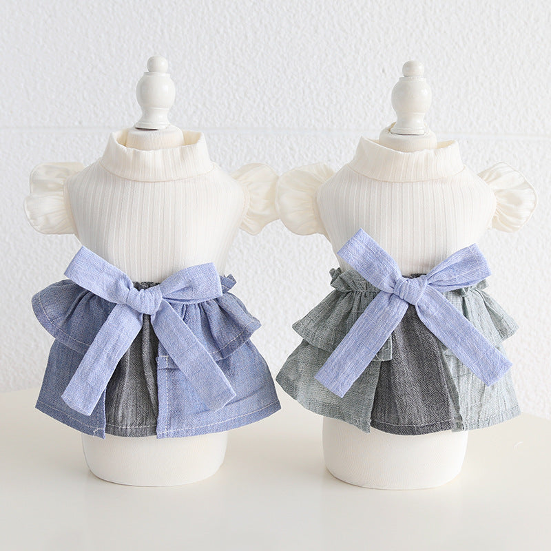 Cotton Linen Denim Blue Flounced Sleeve Skirt Pet Clothes