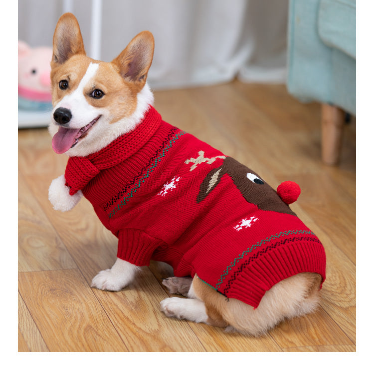 Christmas Dog Sweater with Reindeer Embroidery and Pom Pom Nose – Available in Green and Red
