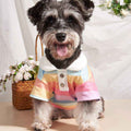 Small dog wearing colorful striped shirt with buttons sitting next to wicker basket of white flowers