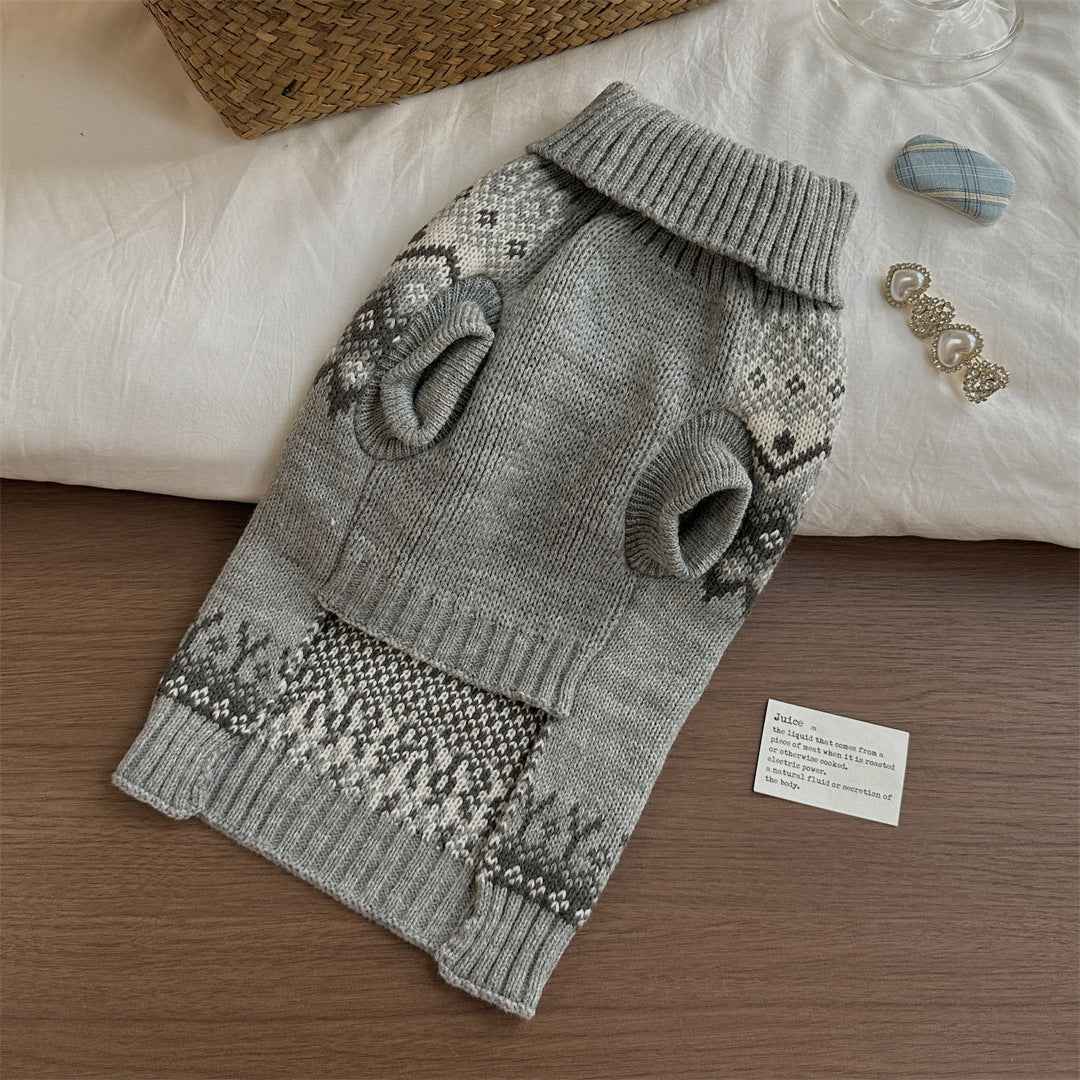 Maglione Cani Gatti Fair Isle Collo Alto Grigio Inverno by null