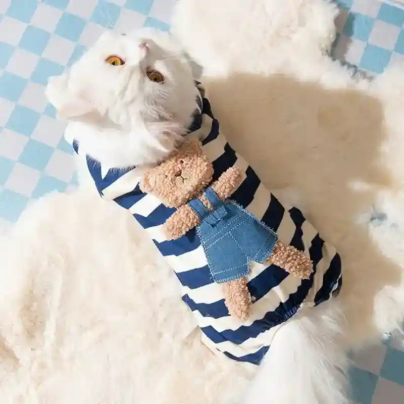 Tutina a Righe con Orsetto per Cani e Gatti - Blu/Marrone by Dog Moda