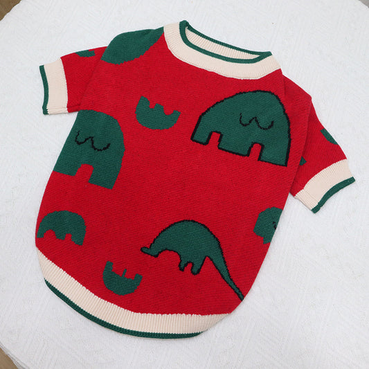 Red wool sweater with elephant pattern for small dogs