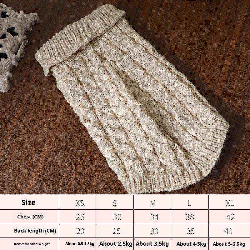 キャラメル編み込み犬用セーター - ノースリーブカラー付き