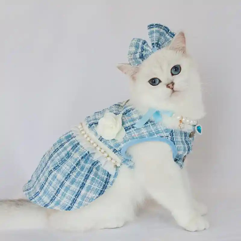 Vestito Gatti Fiocchetto Rosa - Abito Elegante Pettorina by Dog Moda