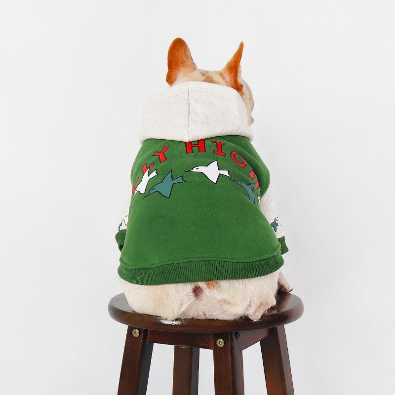 Felpa Imbottita in Pile Verde per Bulldog Francesi con Stampa Uccellini e Scritta "Fly High" - Dog Moda