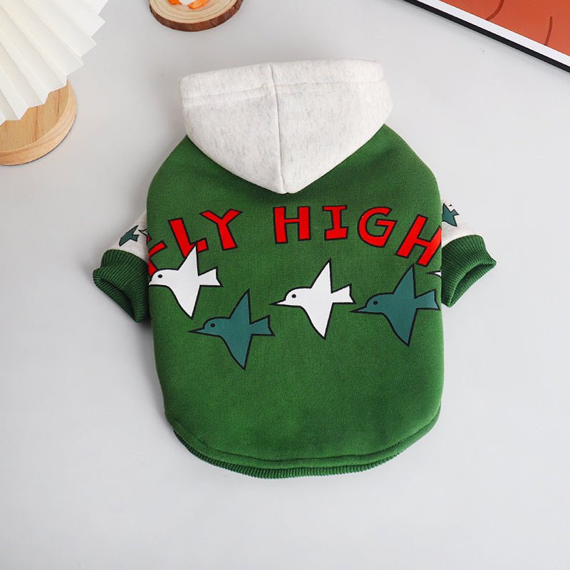 Felpa Imbottita in Pile Verde per Bulldog Francesi con Stampa Uccellini e Scritta "Fly High" - Dog Moda