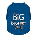 Blue dog sweater with white text BiG brother and a black polka dot bow tie graphic