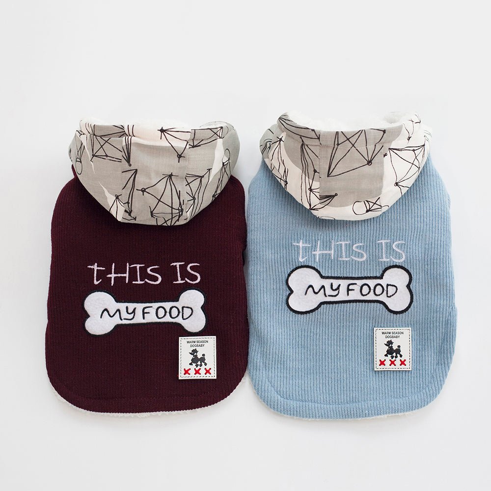 Felpa per cani con cappuccio e zampine anteriori "This is my Food" - Dog Moda