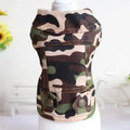 Small dog camouflage jacket with two buttons on white mannequin against white background