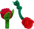 Red rose-shaped plush pet toy with green leaves and a green rope handle for dogs and cats