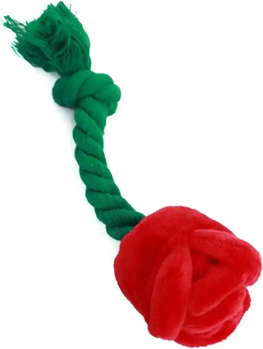 Green twisted rope dog toy with a red plush rose attached on a white background