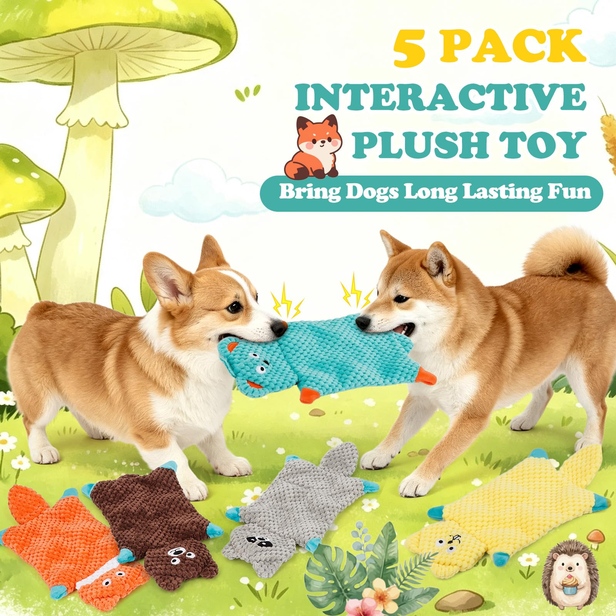 Set colorato da 5 giochi peluche per cani senza imbottitura con forme di animali