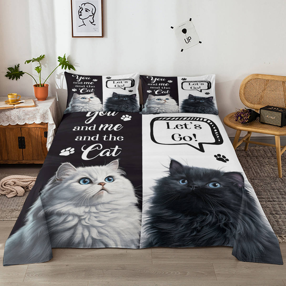 Completo letto quattro pezzi a tema gatto nero e bianco con lenzuolo e federe Dog Moda