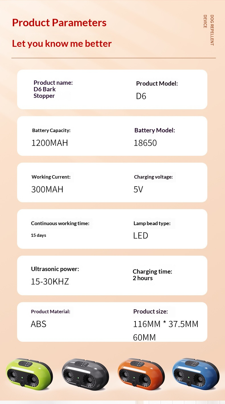 Scheda tecnica del dispositivo anti-abbaio D6 con batteria 1200 mAh, ABS e dimensioni