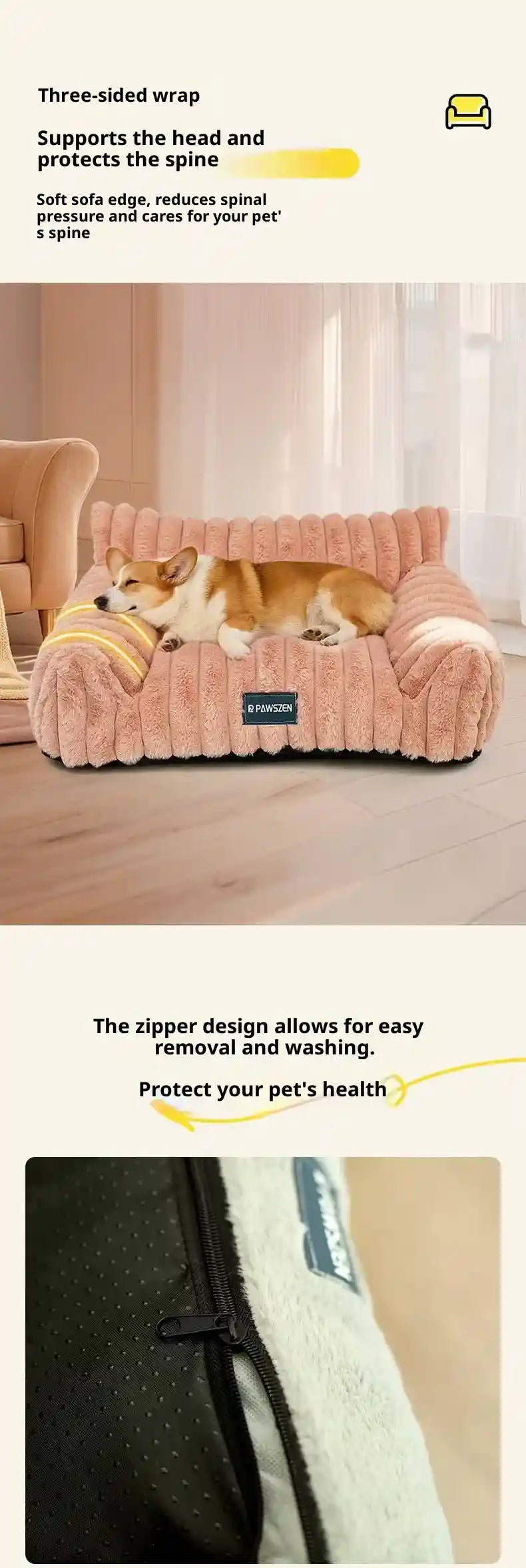 犬猫用ベルベットソファベッド - ピンクストライプのクッチャソファ