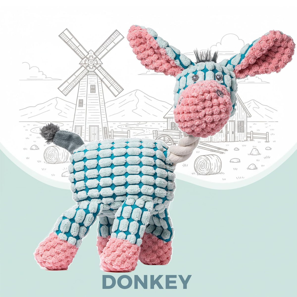 Gioco peluche Donkey per cani con squeaker integrato e tessuto morbido