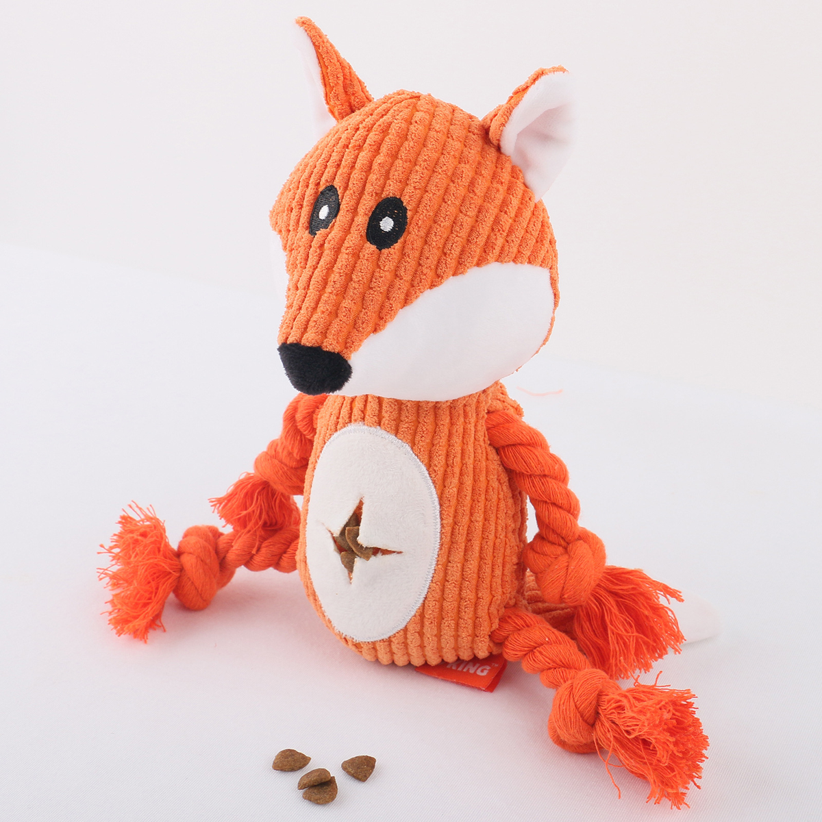 Gioco per cani a forma di volpe arancio-rosso in peluche con appendici intrecciate e nodi