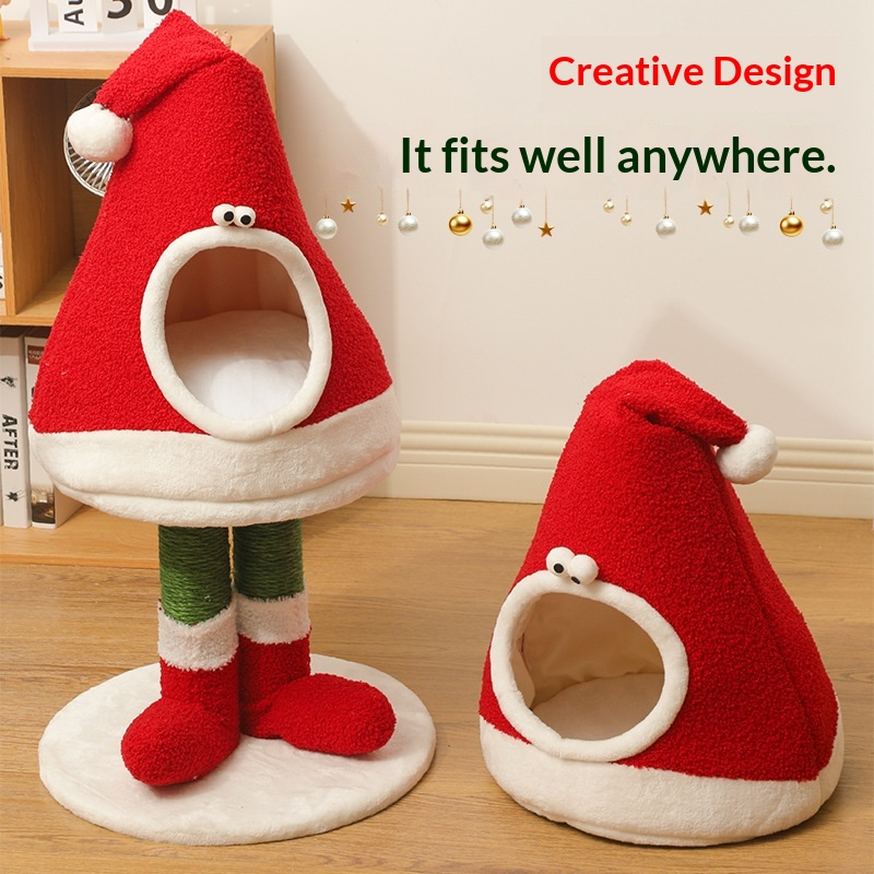 Albero per gatti natalizio con cuccia imbottita e design Babbo Natale Dog Moda