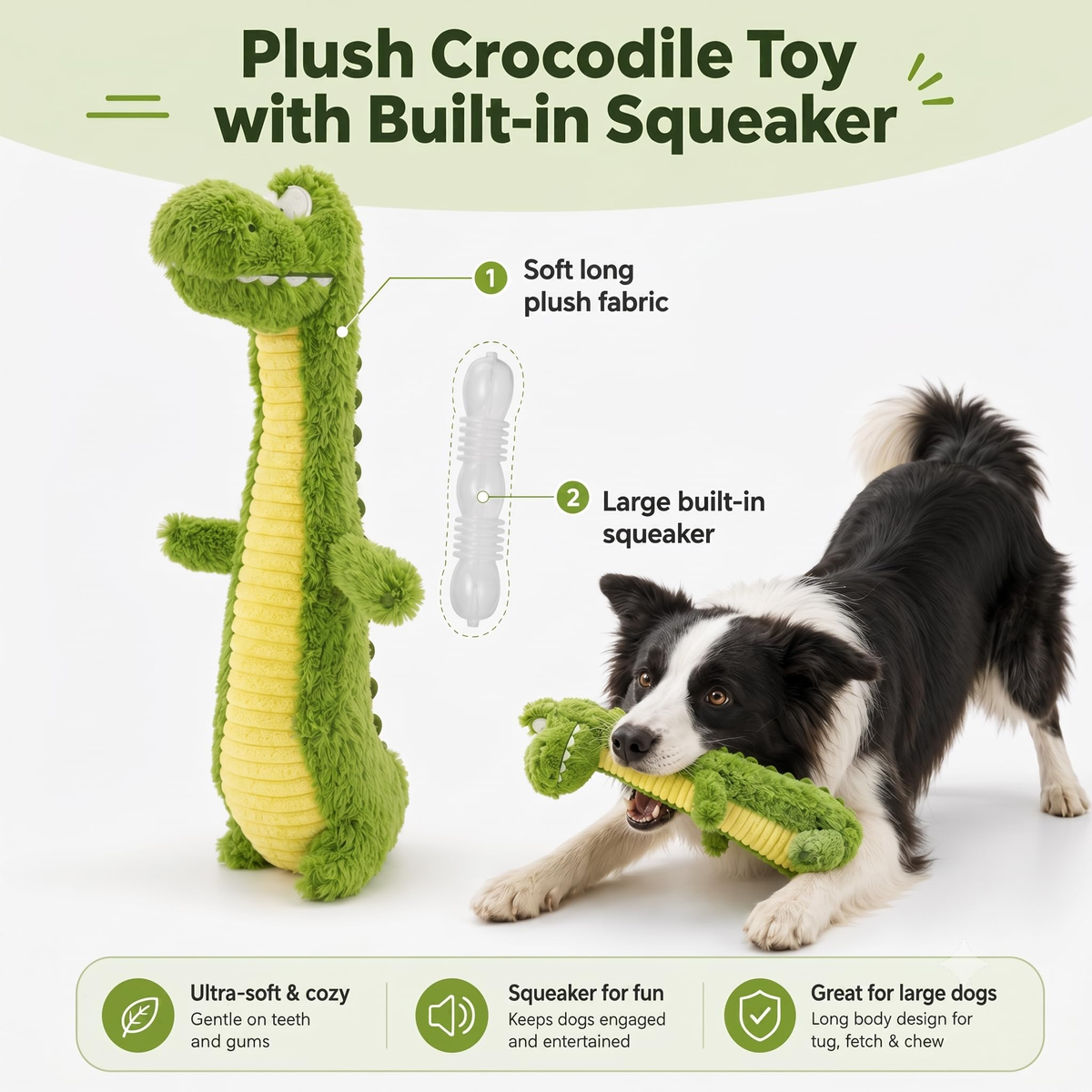 Gioco peluche coccodrillo verde per cani con squeaker integrato e tessuto a pelo lungo