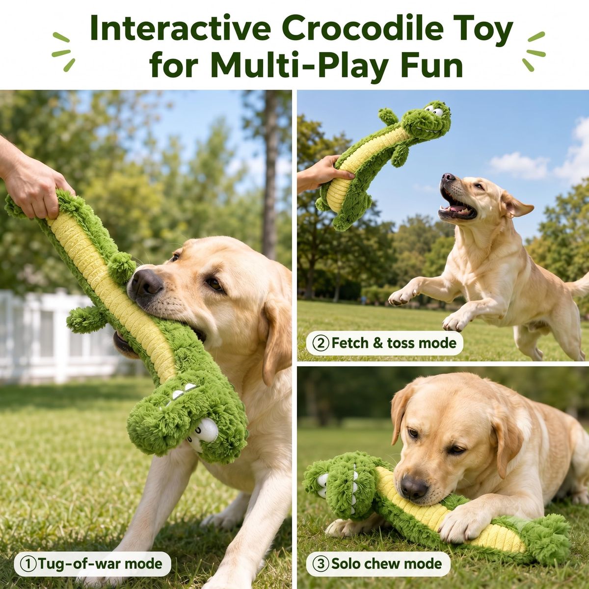 Cane usa un gioco peluche coccodrillo per il tira e molla, il riporto e il gioco autonomo