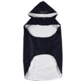 Lightweight navy blue dog raincoat with hood and back pocket, white inner lining
