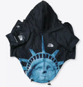 black dog raincoat with hood featuring Statue of Liberty face and The Dog Fans logo