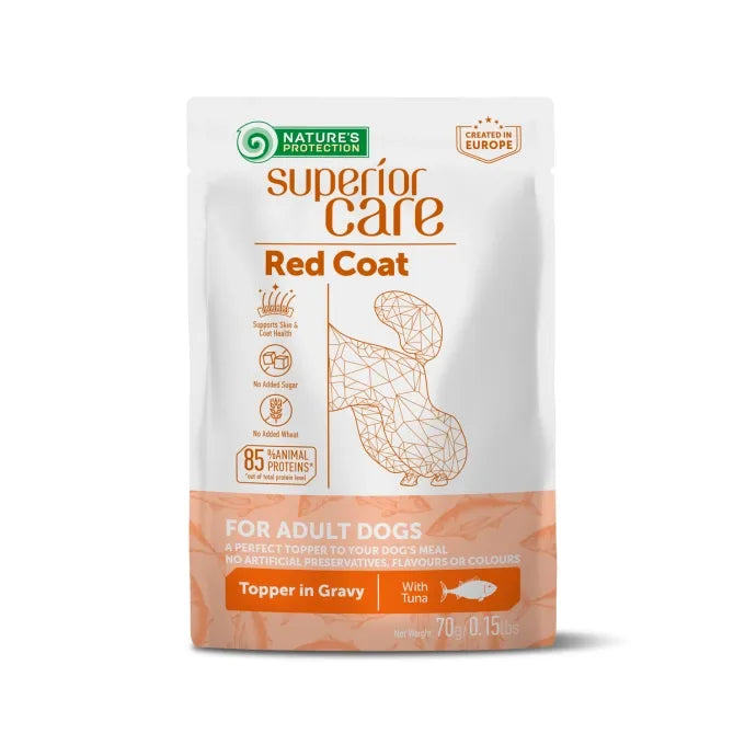 Cibo umido Nature's Protection al Tonno, bustina 70g. Perfetto per cani a manto rosso: elimina macchie, migliora digestione e promuove un pelo lucido.